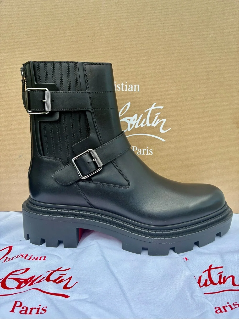 CHRISTIAN LOUBOUTIN OXYBOOTIE COLLEGE FLAT BLACK LEATHER ANKLE BOOTS SZ 43.5 NEW